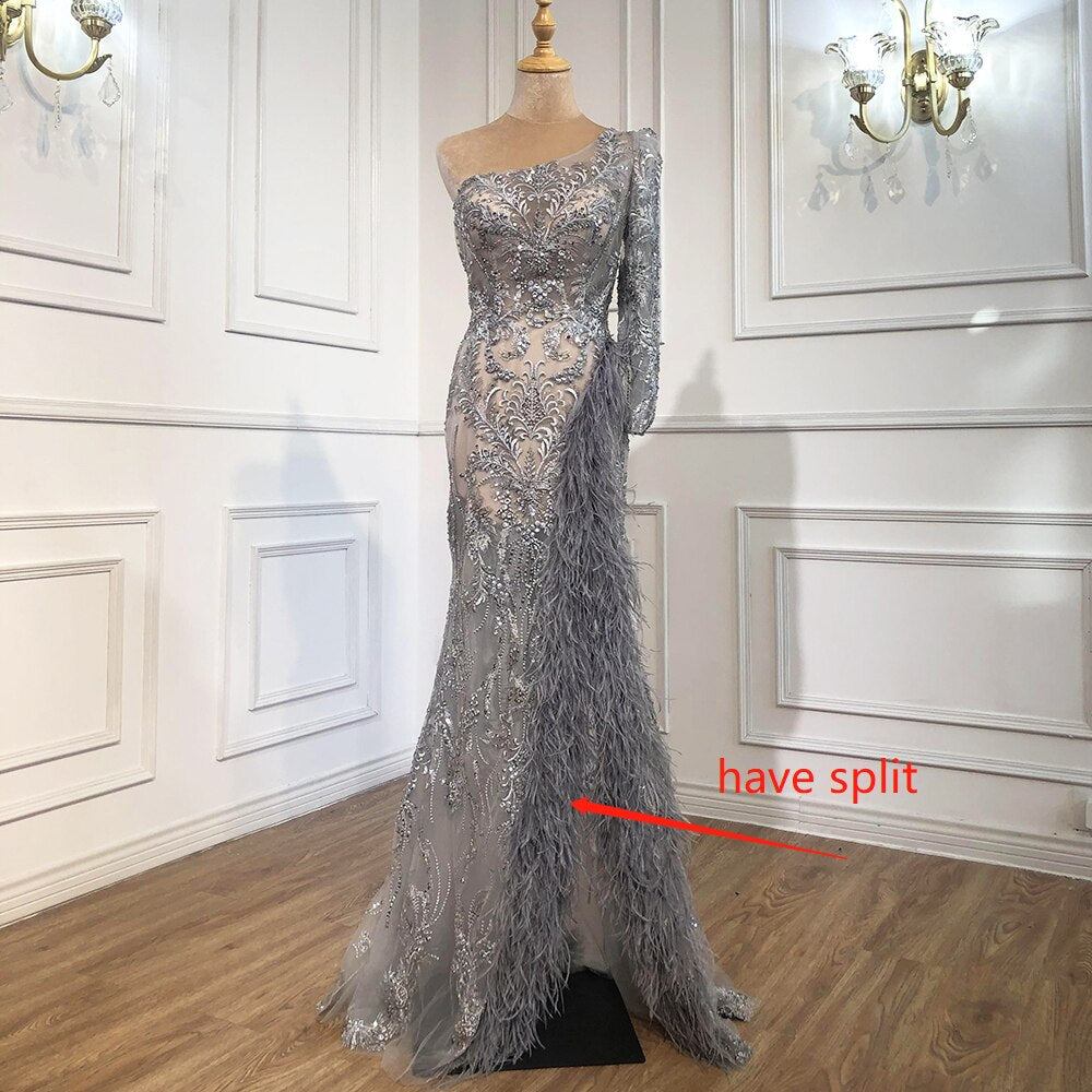 Grey Mermaid Split Luxury Evening Dresses Gowns 2025 Elegant Beadings Feathers Formal Women Party LA70828