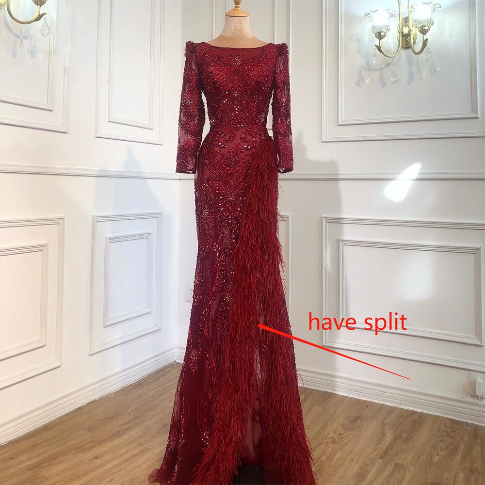 Grey Mermaid Split Luxury Evening Dresses Gowns 2025 Elegant Beadings Feathers Formal Women Party LA70828