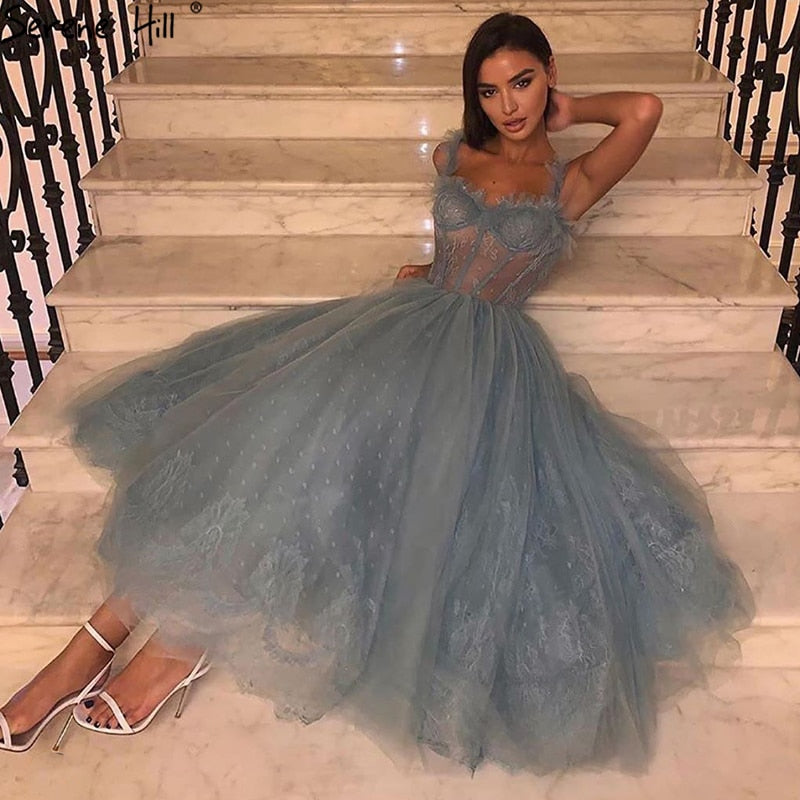 Blue Ankle Length Evening Gowns 2025 Sleeveless Simple Sexy Lace Formal Dress Design LA70767