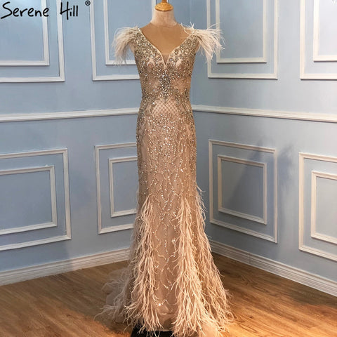 Champagne Luxury V-Neck Sexy Mermaid Evening Dresses 2025 Diamond Feathers Sleeveless Formal Dress LA70350