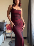 Robe de soirée vintage bordeaux à fines bretelles, référence Y7780