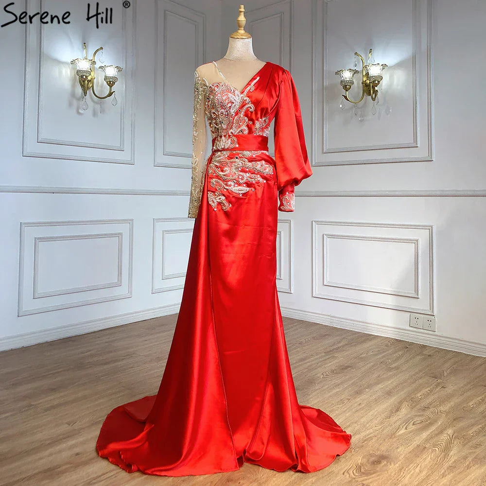 Green Mermaid Satin Evening Dresses Gowns 2025 Muslim Elegant Beaded Luxury For Women Party LA71370