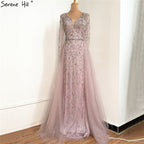 Dubai Luxury Grey With DetachableTrain Evening Dresses 2025 Long Diamond Mermaid Beading Formal Dress LA70341