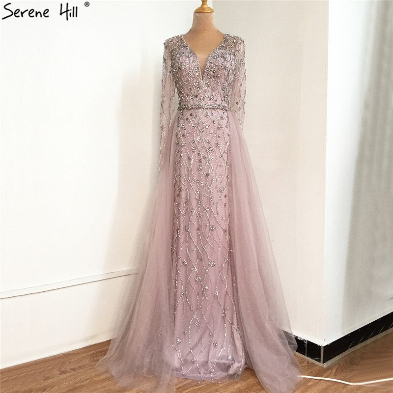 Dubai Luxury Grey With DetachableTrain Evening Dresses 2025 Long Diamond Mermaid Beading Formal Dress LA70341