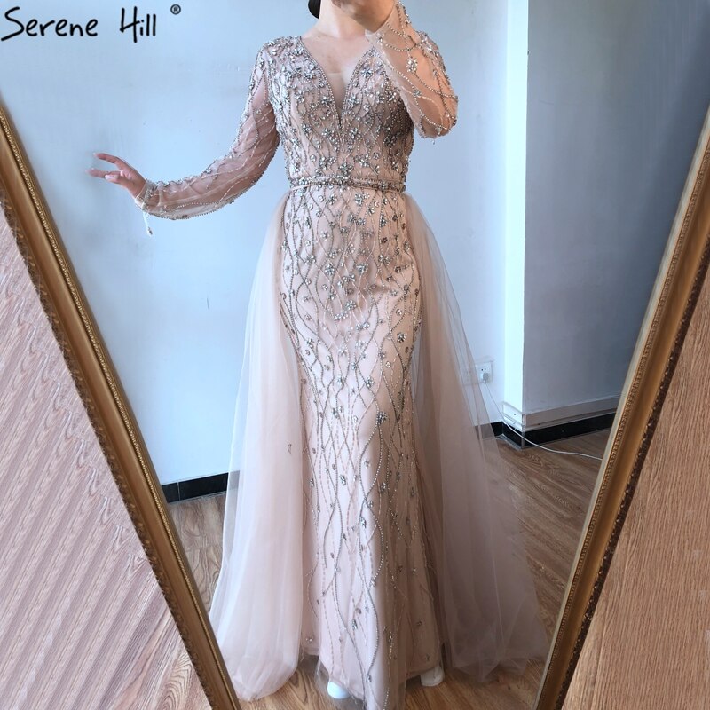 Dubai Luxury Grey With DetachableTrain Evening Dresses 2025 Long Diamond Mermaid Beading Formal Dress LA70341