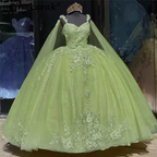 Vestido verde de quinceañera con capa y flores 3D, vestido de baile de cumpleaños número 15 Y6065