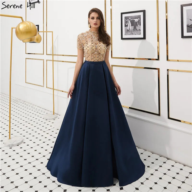 On Sale no return no refundSale High Collar Fashion Evening Dresses Short Sleeve Beading Sequined LA6568