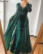 Velvet Wine Red Evening Dresses Long Sleeves Luxury Design Beading  Formal Dress 2025 Plus Size LA60903