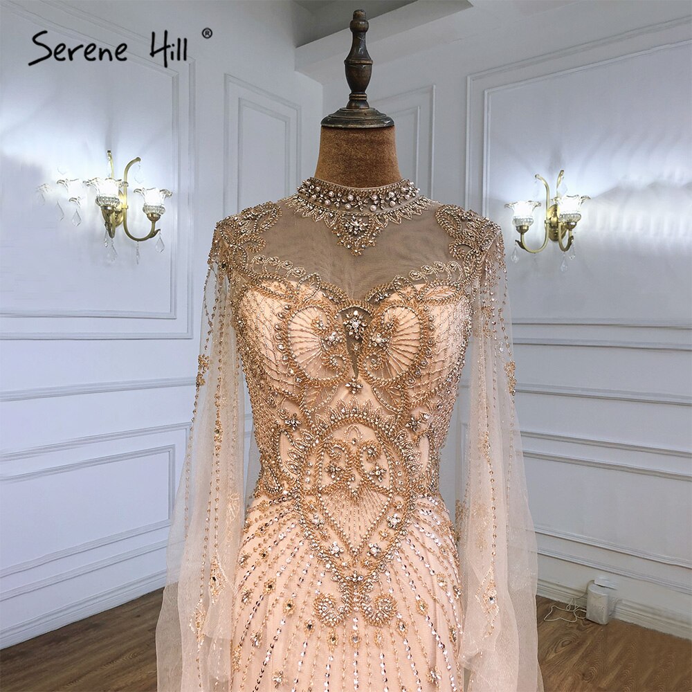 Luxury Grey Nude Cape Sleeves Evening Dresses Gowns 2025 Beaded Mermaid Elegant Sexy For Woman Party  LA71187