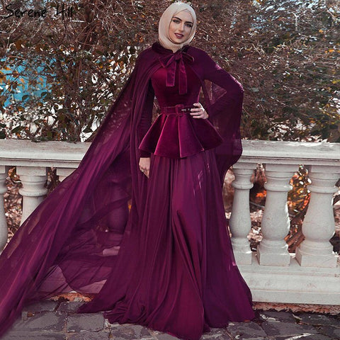 On Sale no return no refundSale Muslim Wine Red Long Sleeves Evening Dresses 2025 Long Shawl Sashs A-Line Simple Fromal Dresses LA70278