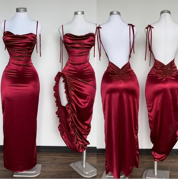 Robe de soirée fourreau bordeaux à fines bretelles Y8272