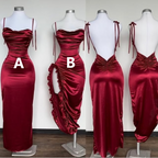 Robe de soirée fourreau bordeaux à fines bretelles Y8272
