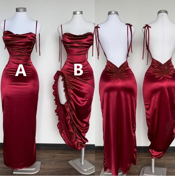 Robe de soirée fourreau bordeaux à fines bretelles Y8272