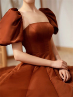 Robe de bal longue en satin couleur café, manches courtes bouffantes, col carré, robe de soirée féerique Y4962