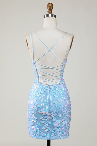 Blue Sheath Spaghetti Straps Short Homecoming Dress With Aqqliques