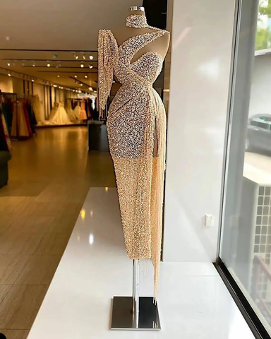 Vestido de noche brillante con lentejuelas, abertura lateral, vestido de graduación, un solo hombro, borlas, hecho a medida Y6411