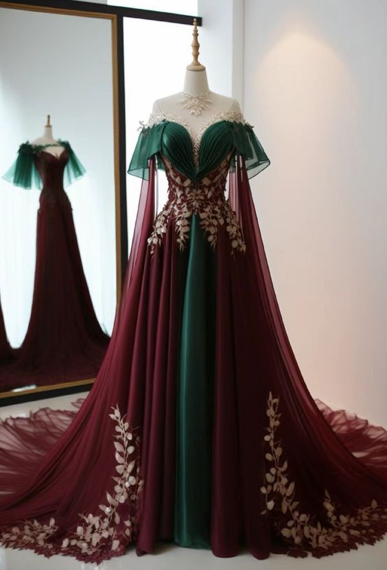 Robe de soirée longue vintage en tulle et satin bordeaux, référence Y7794