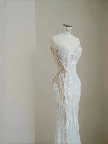 Charming Strapless White Tulle Lace Mermaid Wedding Dress,Long Prom Evening Dress Y8678