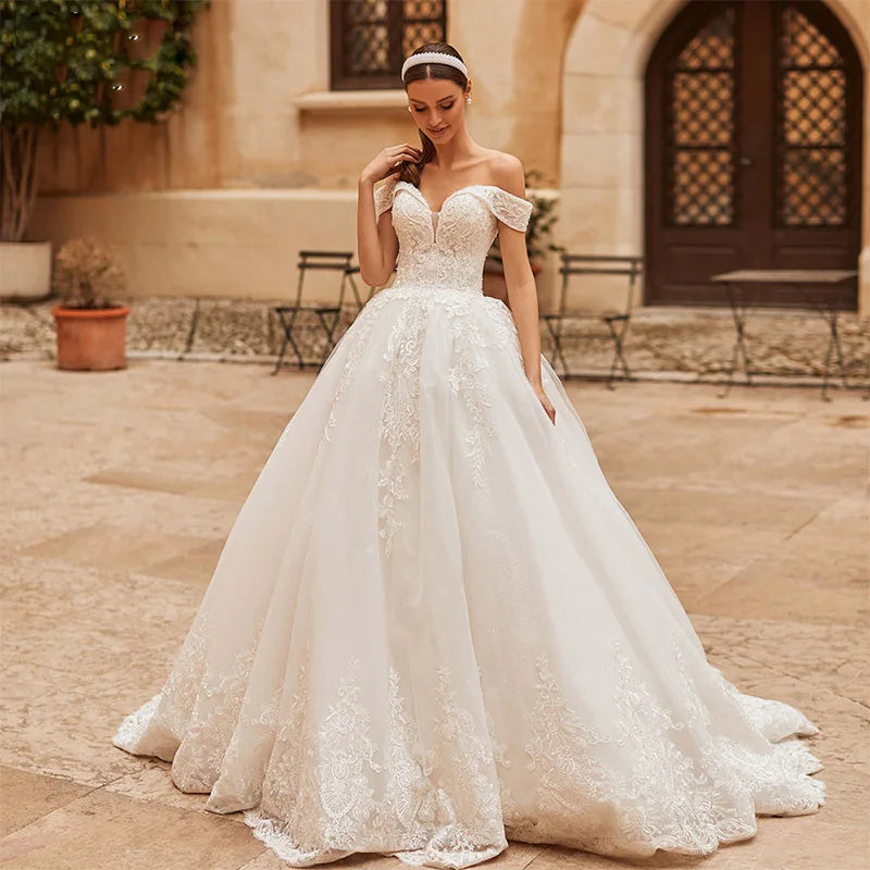 HERBURNL Princess Vestidos de novia preciosos hechos a medida, sexys, con hombros descubiertos, apliques de encaje, elegantes batas de novia 