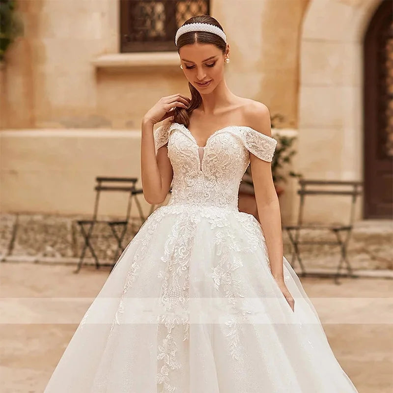 HERBURNL Princess Vestidos de novia preciosos hechos a medida, sexys, con hombros descubiertos, apliques de encaje, elegantes batas de novia 