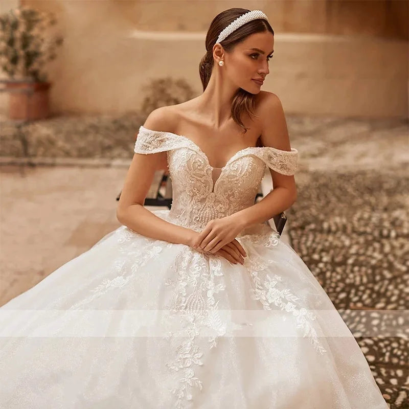 HERBURNL Princess Vestidos de novia preciosos hechos a medida, sexys, con hombros descubiertos, apliques de encaje, elegantes batas de novia 