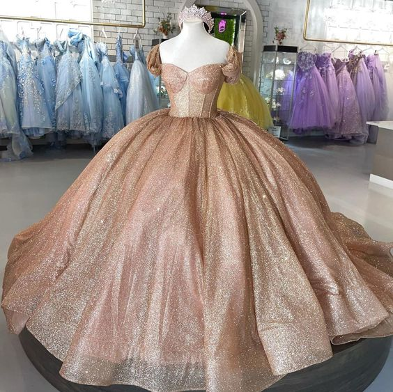 Vestido de quinceañera con brillo oro rosa, vestido de gala, vestido de 16 años Y693