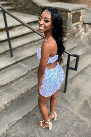 Sparkle Fitted V-Neck White Homecoming Dress with Sequins Y957