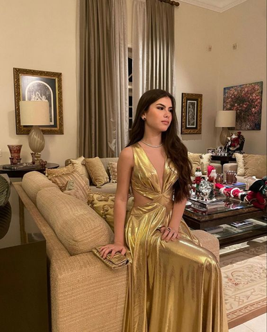 Vestido de noche largo de corte A con escote en V profundo dorado Y7943