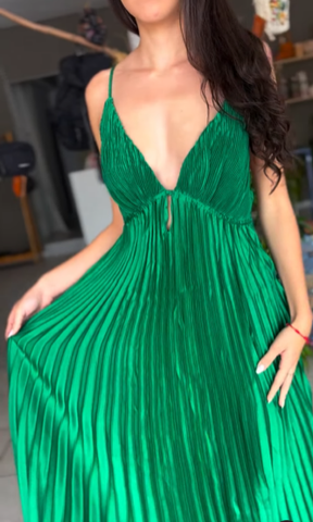 Vestido de fiesta verde con tirantes finos, escote en V plisado, corte en A, estilo vestido de noche Y7958