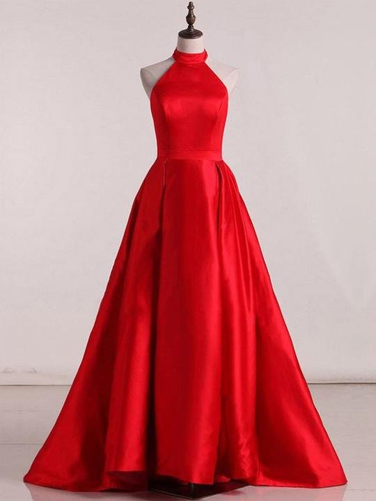 Robes de bal sans manches à dos nu et décolleté licou, robes de soirée trapèze en satin Y941