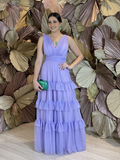 Lavender A-line V Neck Evening Dress Wedding Guest Dress Y5283