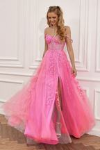 Vestido de fiesta azul marino corte A, encaje y tul, modelo Y382