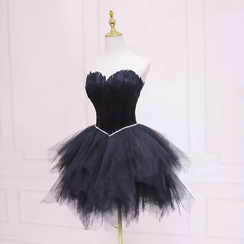 Vestido corto de tul negro para baile de bienvenida, sin tirantes, talla 38