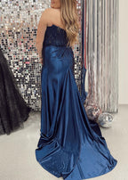 Arielle | Vestido de fiesta de satén con corsé sin tirantes y abertura