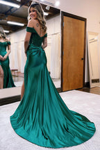 Vestido de fiesta de satén con hombros descubiertos estilo sirena y abertura