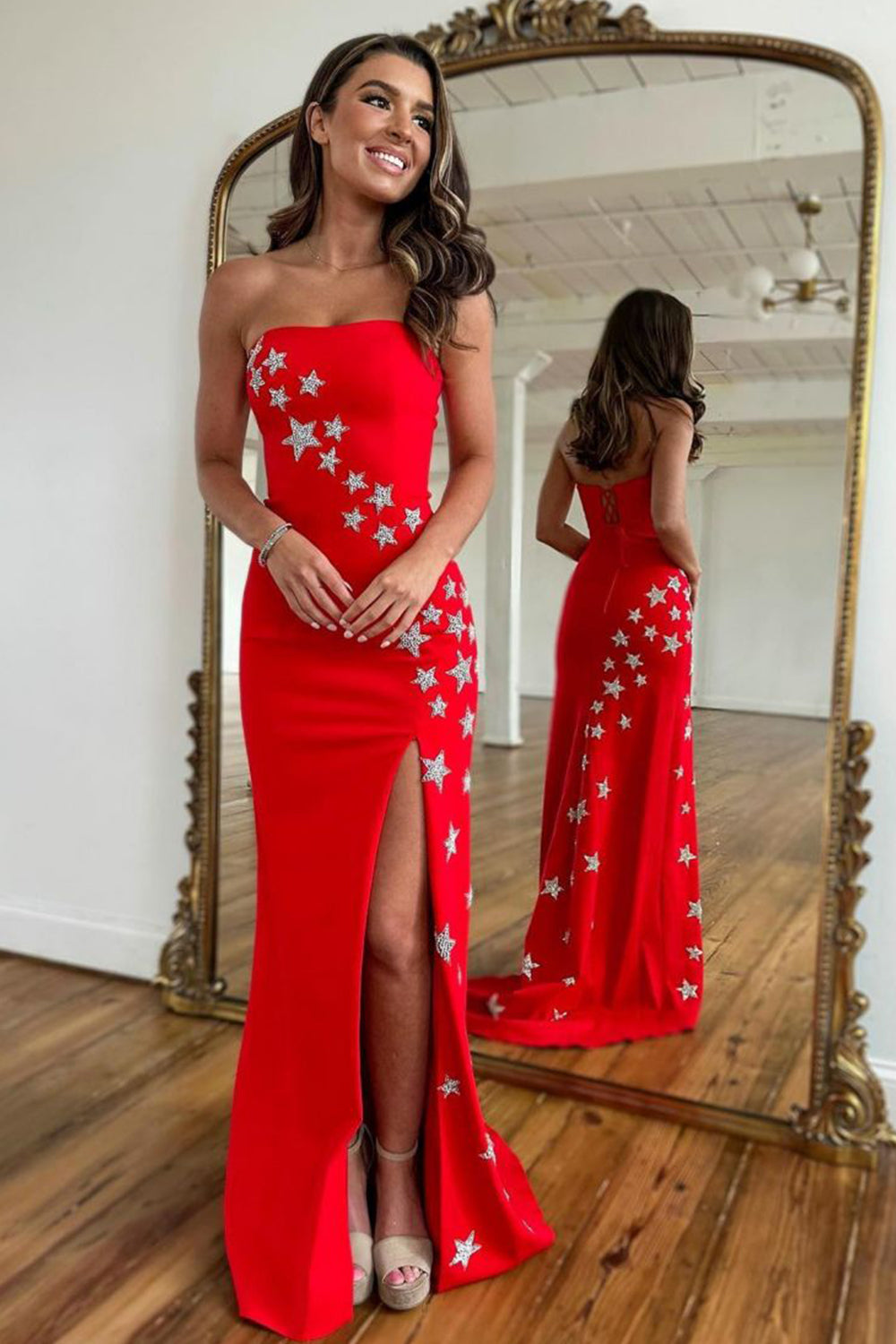 Sheath Strapless Satin Prom Dress with Slit