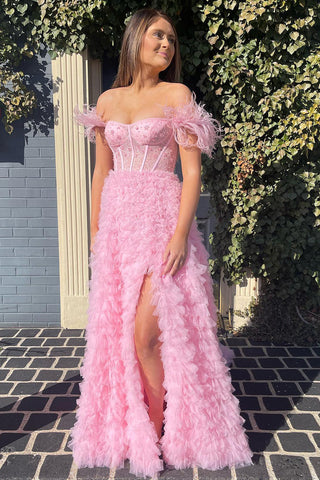 A Line Sweetheart Tiered Tulle Long Prom Dress With Slit