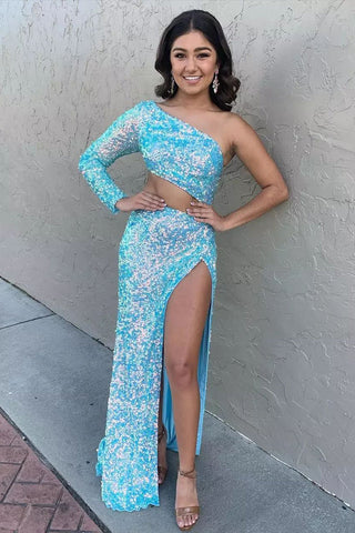 Vestido largo de fiesta rojo con lentejuelas y un solo hombro