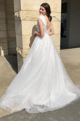 A-Line V Neck Sequined Tulle Prom Dress with Slit