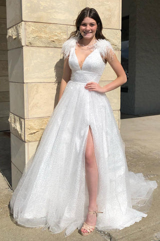 A-Line V Neck Sequined Tulle Prom Dress with Slit
