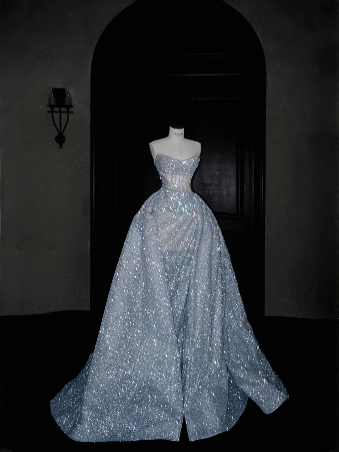Glitter Strapless Blue Tulle Sequins A Line Prom Dress Evening Dress,Formal Wedding Dress Y8676