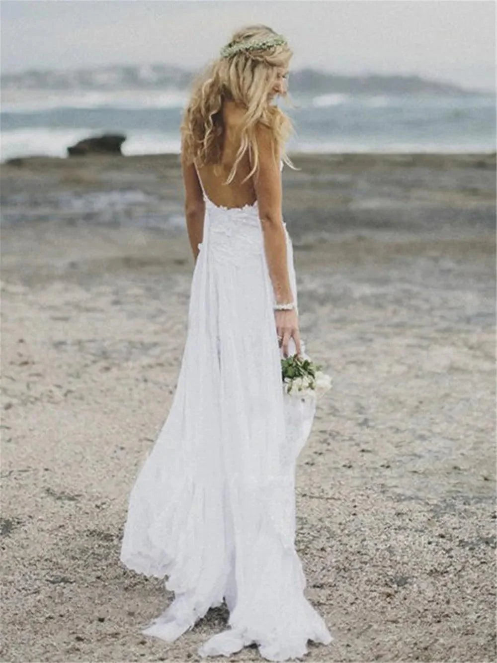 Baoleely Spaghetti Straps White Chiffon Front Slit Beach Wedding Dress with Lace Elegant Open Back Bridal Dress