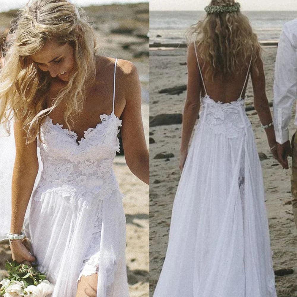 Baoleely Spaghetti Straps White Chiffon Front Slit Beach Wedding Dress with Lace Elegant Open Back Bridal Dress