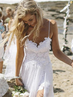 Baoleely Spaghetti Straps White Chiffon Front Slit Beach Wedding Dress with Lace Elegant Open Back Bridal Dress