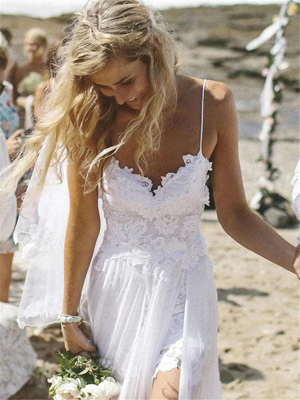 Baoleely Spaghetti Straps White Chiffon Front Slit Beach Wedding Dress with Lace Elegant Open Back Bridal Dress