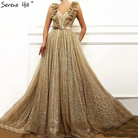 On Sale No Return No Refund Dubai V-Neck Sleeveless Luxury Evening Gown Designs 2025 Sequined Sashes Sexy Tulle Evening Dresses LA60796