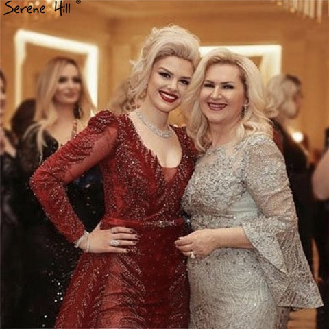 Vestido de noche de terciopelo rojo vino, mangas largas, diseño de lujo, con cuentas, vestido formal, talla grande 2025, LA60903 