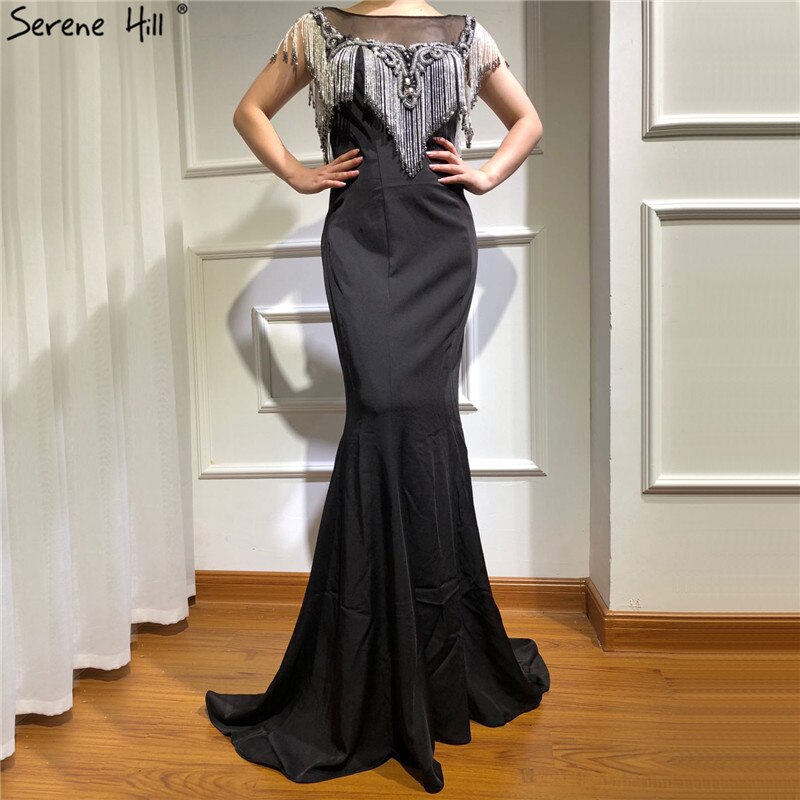 On Sale no return no refund Sale Black Sleeveless Mermaid Evening Dresses 2025 Beading Tassel Sexy Elegant Formal Dress LA70078