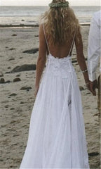 Baoleely Spaghetti Straps White Chiffon Front Slit Beach Wedding Dress with Lace Elegant Open Back Bridal Dress