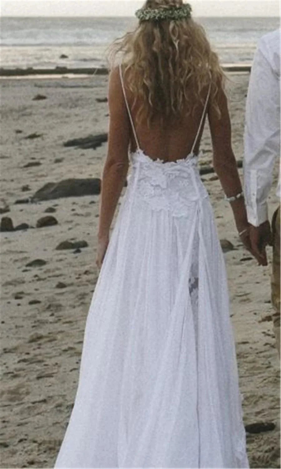 Baoleely Spaghetti Straps White Chiffon Front Slit Beach Wedding Dress with Lace Elegant Open Back Bridal Dress